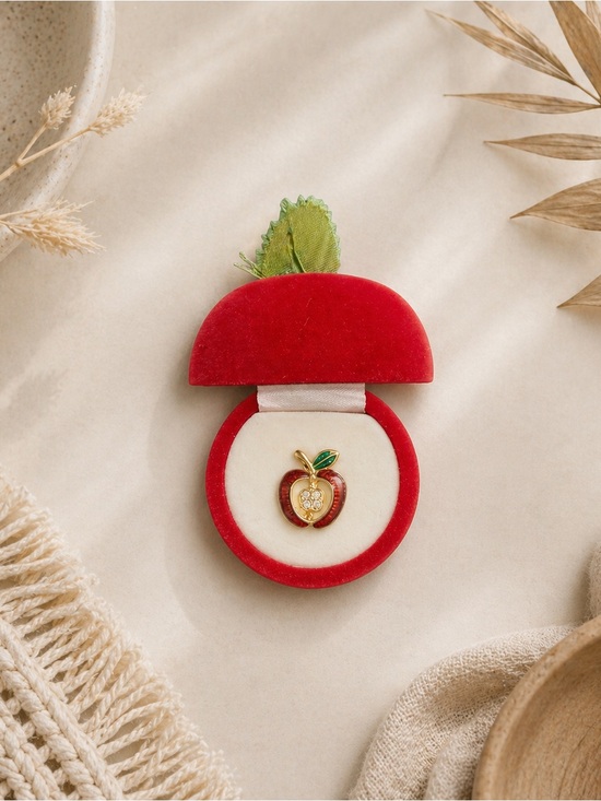 Source Unknown Jewelry - Vintage Red Apple velvet Jewelry Box with Gold and Red Apple lapel pin.